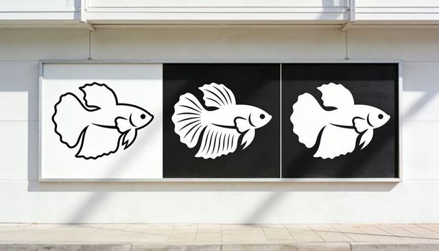 Framed monochrome betta triptych displaying stylized fish panels on exterior wall