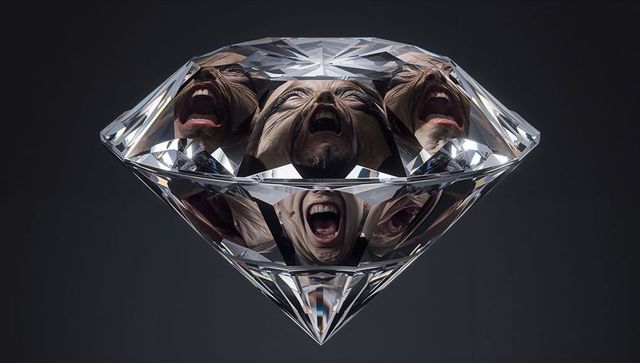 Prismatic diamond fragmenting screaming faces with bandage wraps surreal minimal horror