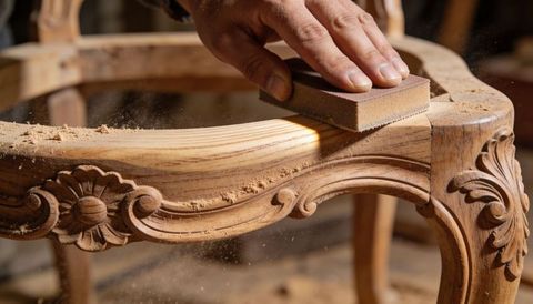 Craftsman Sanding Ornate Wooden Chair Frame with Sanding Block Restoring Antique Furniture