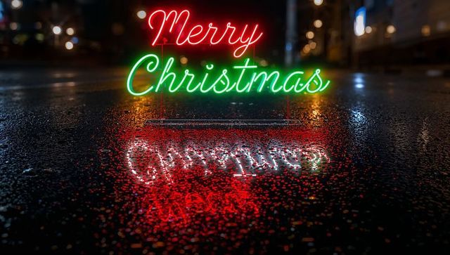 Glowing neon merry christmas sign reflecting on wet urban street with puddle reflections