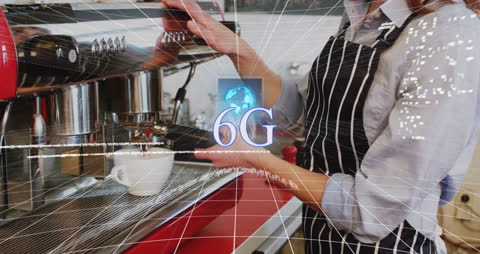 Barista Using Espresso Machine with 6G Futuristic Overlay