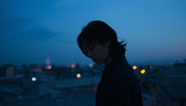 Woman standing on rooftop at dusk gazing downward silhouette blue hour city bokeh
