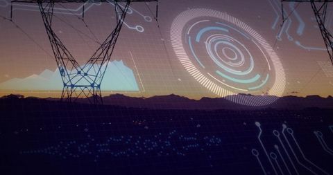 Silhouetting power transmission towers at dusk with futuristic hud overlay and data grid