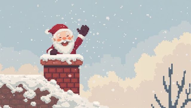 Pixel art santa waving from snow-capped chimney on rooftop retro winter holiday scene