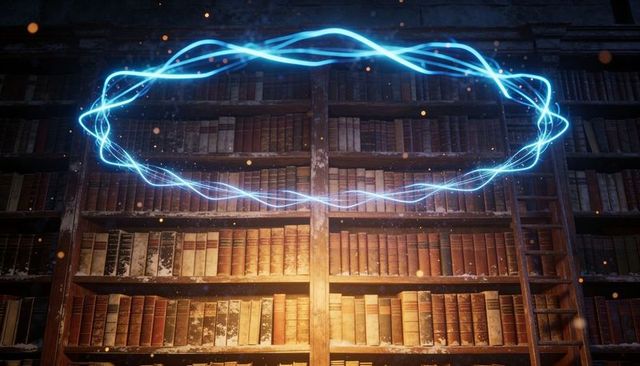 Hovering blue energy ring casting cyan glow over antique library shelves and wooden ladder