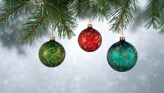 Hanging glossy red, green, teal christmas baubles with gold filigree on snowy pine