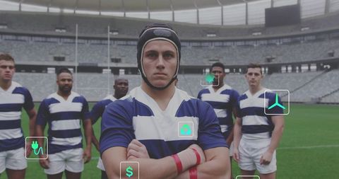 Standing rugby captain leading team on stadium pitch with sustainability icons