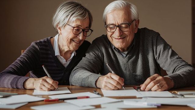 Senior couple writing letters together at home smiling while filling and sealing envelopes