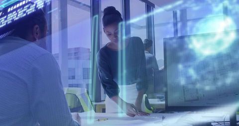 Female Architect Analyzing Blueprints with Holographic Interface