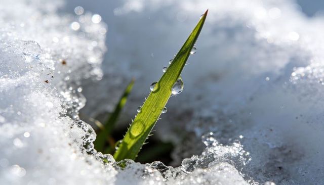 Close-up green grass blade pushing through melting snow with dew drops and sunlit bokeh