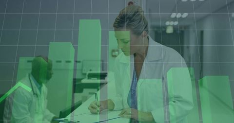 Female Clinician Writing Patient Chart with Green Analytics Overlay in Clinic