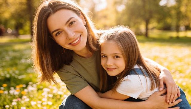 Mother and daughter hugging in sunlit meadow smiling during golden hour family moment