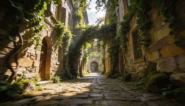 Sunlit mossy cobblestone alley with stone archways and trailing ivy, historic village