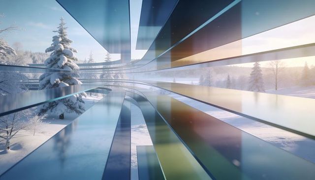 Curving translucent glass ribbons framing snowy forest sunrise featuring futuristic panels
