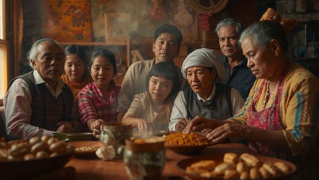 Multigenerational asian family cooking together at rustic kitchen table