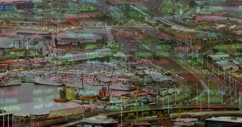 Financial Data Over Aerial Cityscape View