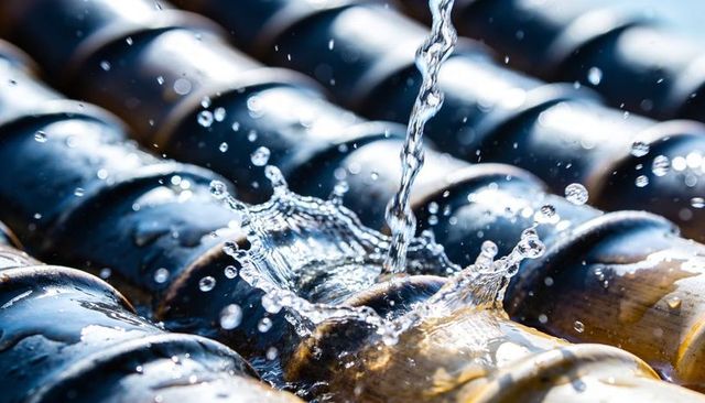 Crystal water stream creating crown splash on glossy ridged tiles, macro detail