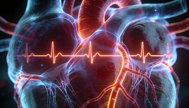 Pulsating translucent heart revealing glowing ecg waveform and neon coronary vessels