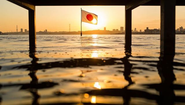 Japanese flag fluttering over harbor at sunset framed by pier with golden reflections