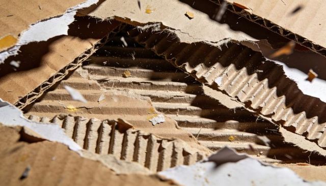 Torn corrugated cardboard revealing fluted core macro closeup texture, ridges, layers, fibers