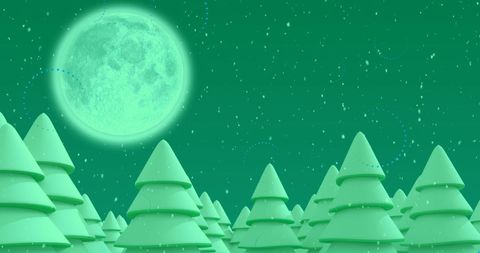 Winter Night Forest with Fir Trees and Full Moon