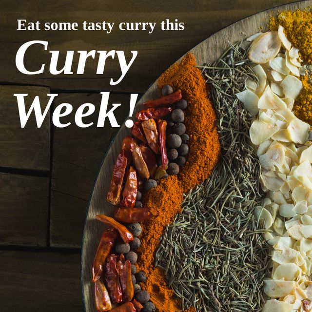 Vibrant assortment of herbs and spices neatly arranged, perfect for celebrating Curry Week. Excellent for advertisements, social media posts, food blogs, and promotional material for culinary events.