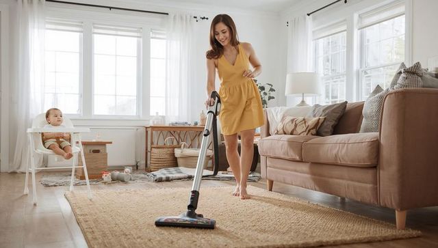 Young mother vacuuming woven rug barefoot in bright living room while baby watches in highchair