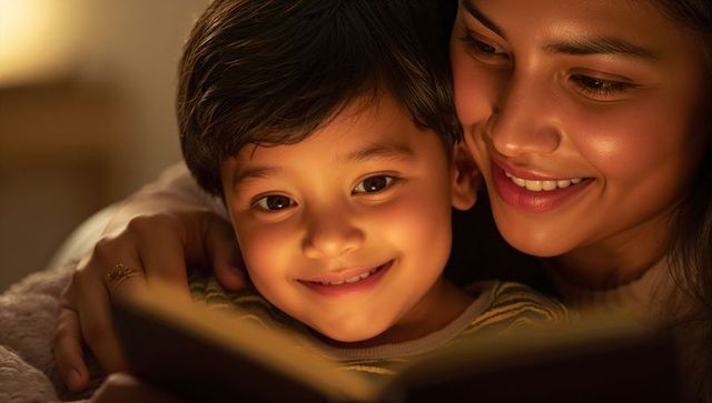 Mother and son reading bedtime story, sharing warm cozy moment by lamp light