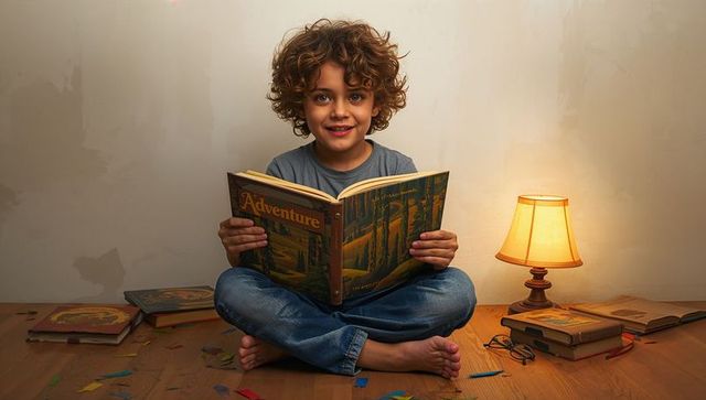 Curly-haired boy reading adventure book by warm lamp, cozy bedtime imagination and wonder