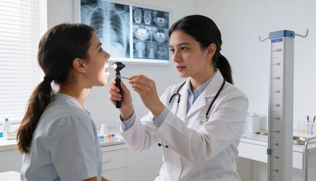 Female doctor examining teen patient throat with otoscope in bright medical clinic