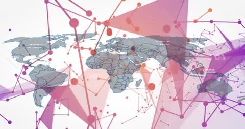 World Map with Network Connections and Geometric Overlay for Tech Concept