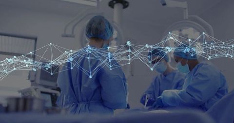 Surgical team performing operation with digital network overlay representing data-driven healthcare