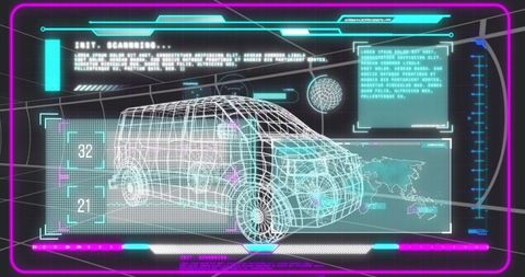 Futuristic 3D Wireframe Van Scanning with Digital Overlay