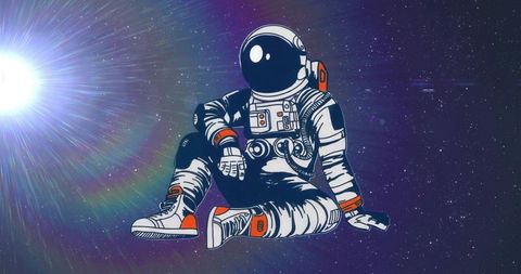 Retro Astronaut Floating in Colorful Galaxy with Reflective Helmet and Orange Accents