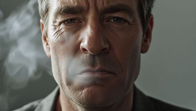 Middle-aged man exhaling cigarette smoke, dramatic closeup portrait with rugged stubble