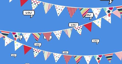 Colorful bunting and pixel lol speech bubbles on blue background