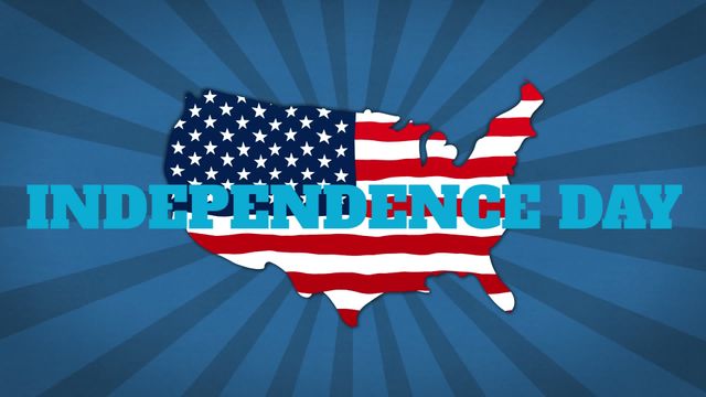 Illustration depicting the words 'Independence Day' with a map of the United States filled with the American flag design on a blue background. This video is appropriate for use in material related to U.S. holidays, national celebrations, patriotic events, and educational purposes about Independence Day.