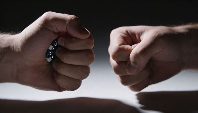 Clenched fists facing off holding poker chip representing high-stakes gamble