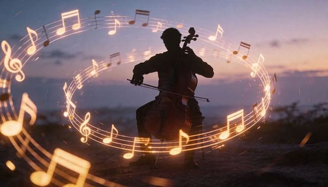 Silhouetted Cellist Bowing Cello at Dusk Surrounded by Glowing Musical Notes Ring