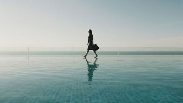 Executive walking along rooftop infinity pool edge holding briefcase with ocean horizon