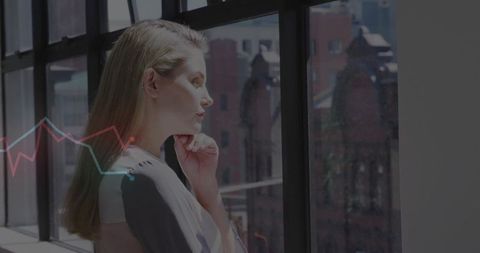 Pensive businesswoman thinking by office window skyline view surge graph effect