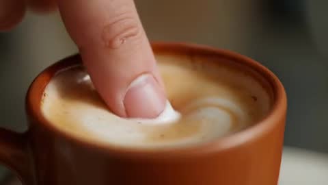 Index Finger Pressing Latte Foam in Brown Ceramic Cup Creating Swirl and Pulling Foam