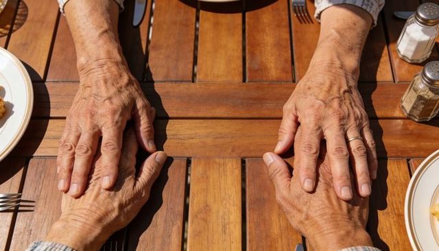 Senior couple holding hands on sunlit wooden table resting hands showing wedding ring and warm compa