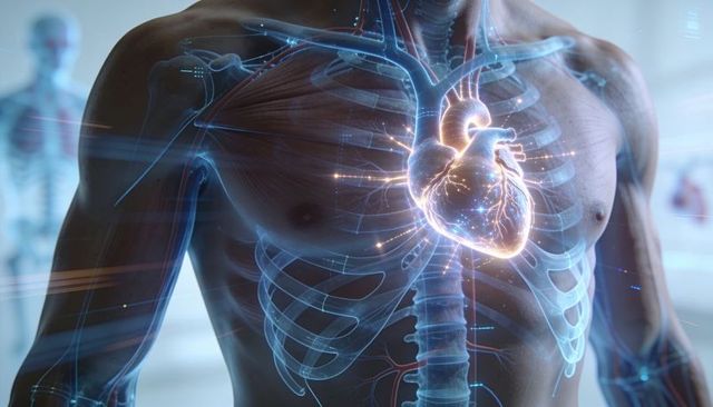 Projecting holographic heart over bare-chested male torso with ribcage and spine overlay