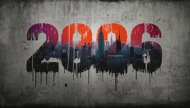 2026 Urban Skyline Mural Featuring Dripping Paint and Grunge Concrete Texture Overlay
