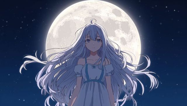 Mystical Silver-Haired Woman under Full Moonlit Sky