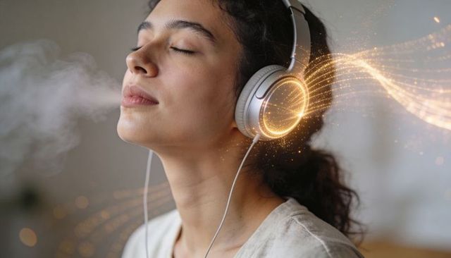 Woman closing eyes listening with over-ear headphones and golden sound waves
