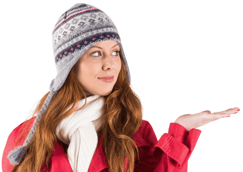 Redhead in Winter Clothing Holding Invisible Object on Transparent Background