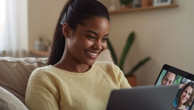 Young woman video chatting on laptop from cozy living room sofa, smiling and interacting