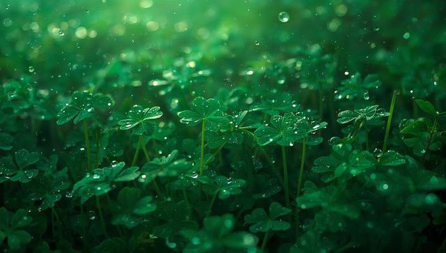 Shimmering clover carpet glistening with dew and bokeh light in lush green sunlit meadow